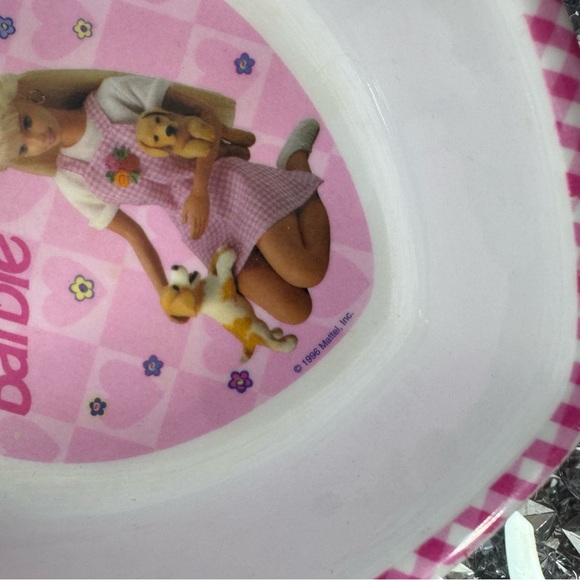 Barbie bowl 1996 vintage heart shaped plaid gingham dog cute tufted pink mini - Picture 7 of 9